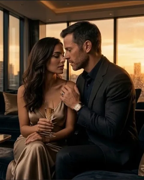 Pareja de noche en un departamento con vista a la ciudad al atardecer